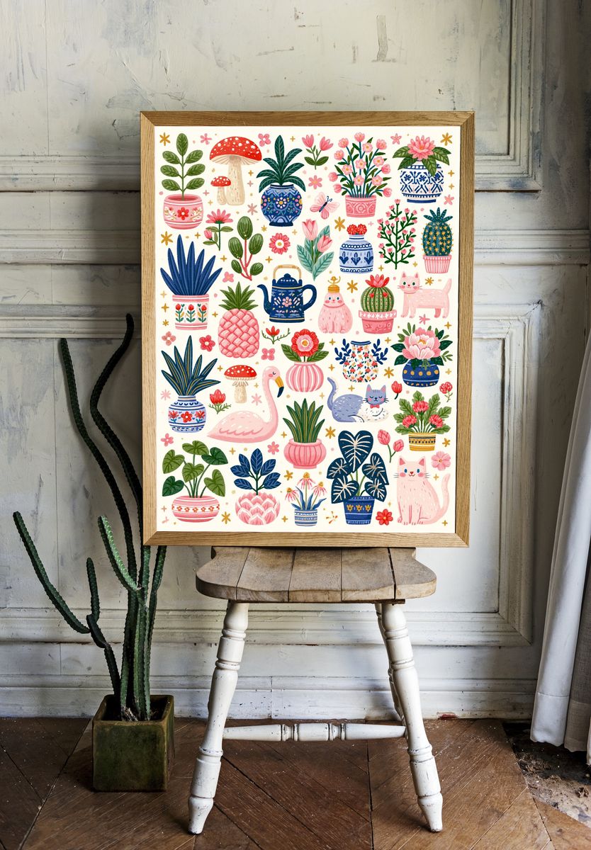 Whimsical Botanical Cats Poster. room preview