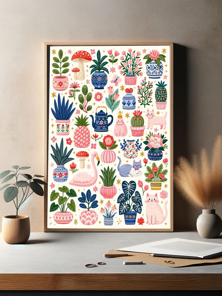 Whimsical Botanical Cats Poster. — room view 2