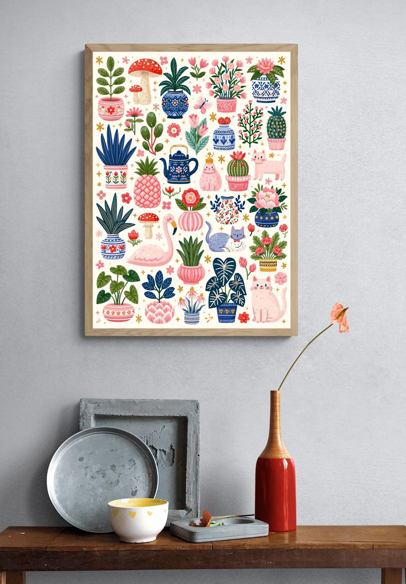 Whimsical Botanical Cats Poster. — room view 3
