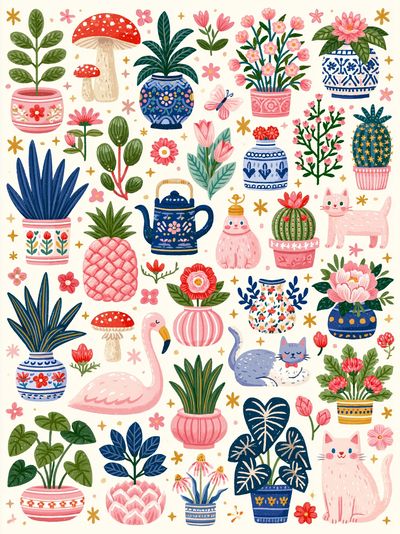 Whimsical Botanical Cats Poster.