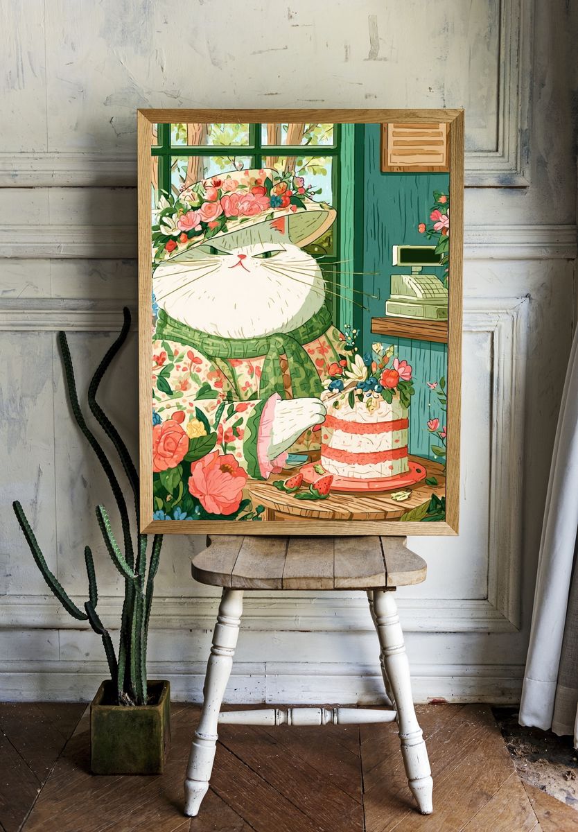Floral Cat Tea Party Illustration Poster. room preview