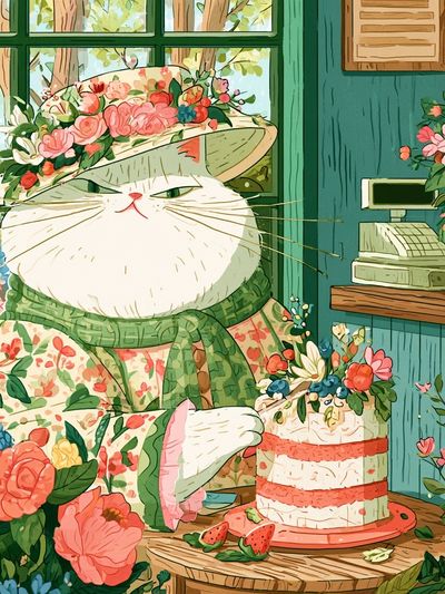 Floral Cat Tea Party Illustration Poster.