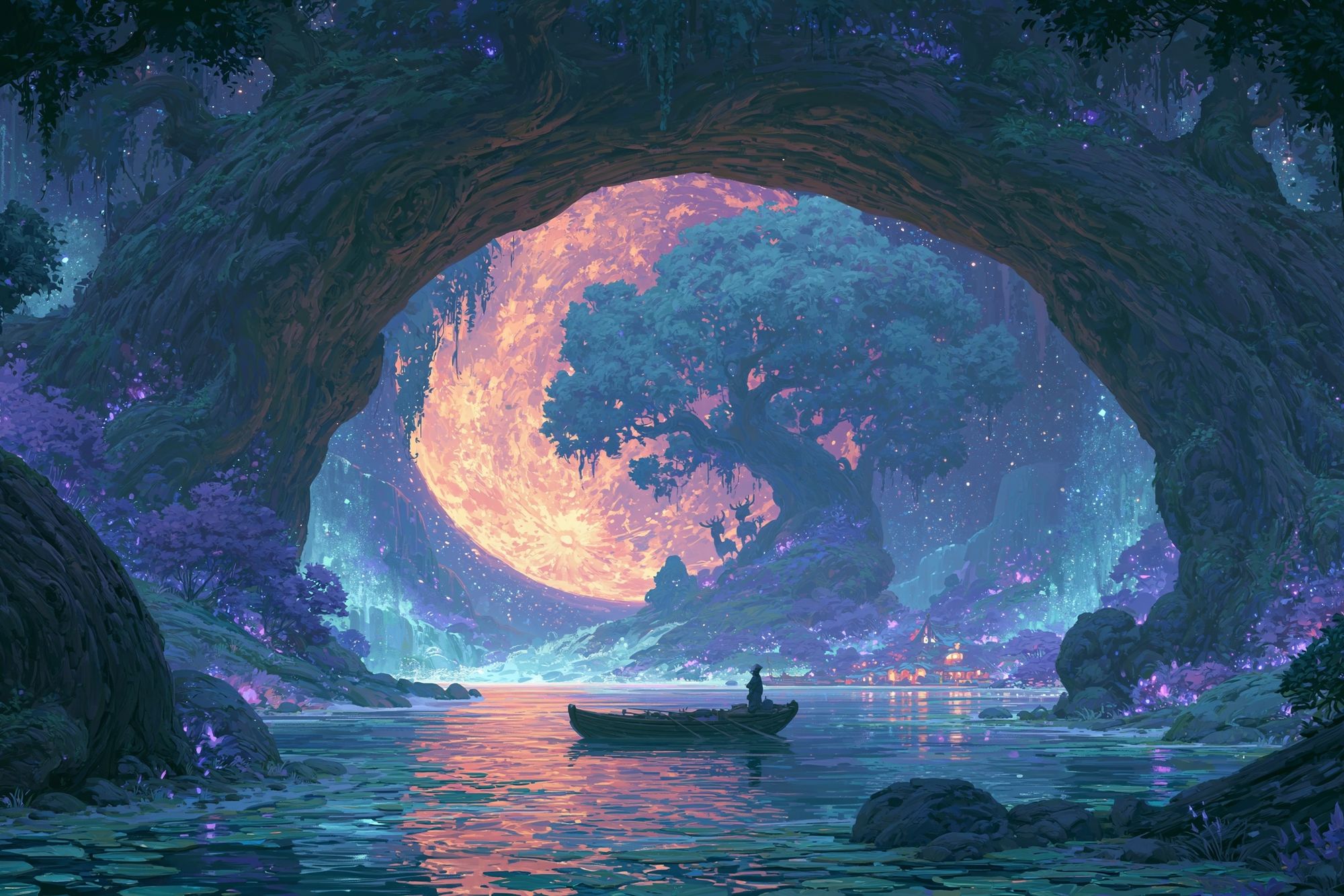 Moonlit Forest Lake Digital-Art Poster. poster — illustration art