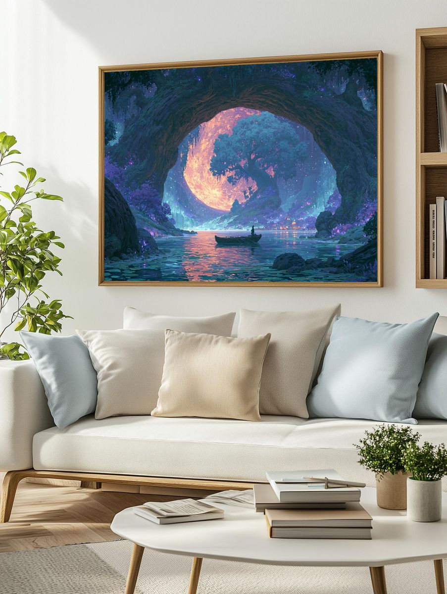 Moonlit Forest Lake Digital-Art Poster. — room view 2