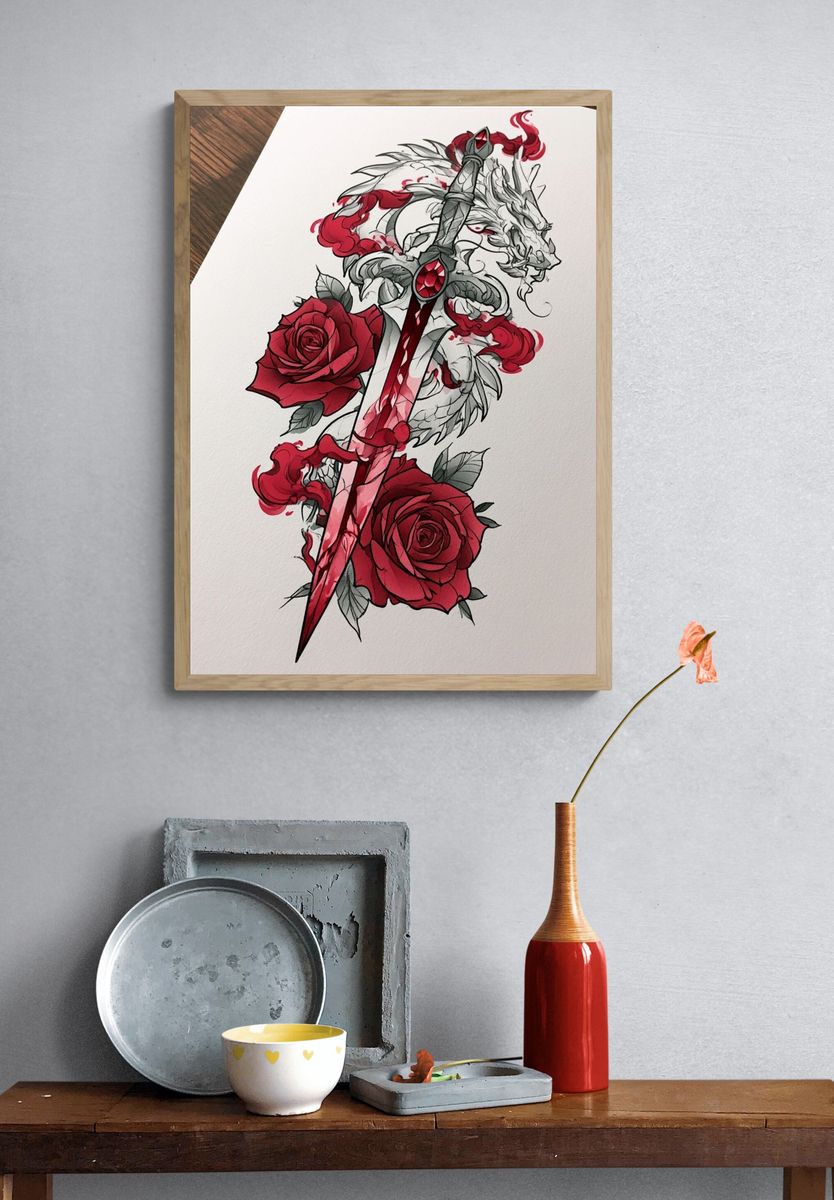 Crimson Sword and Roses Illustration Poster. — room view 3