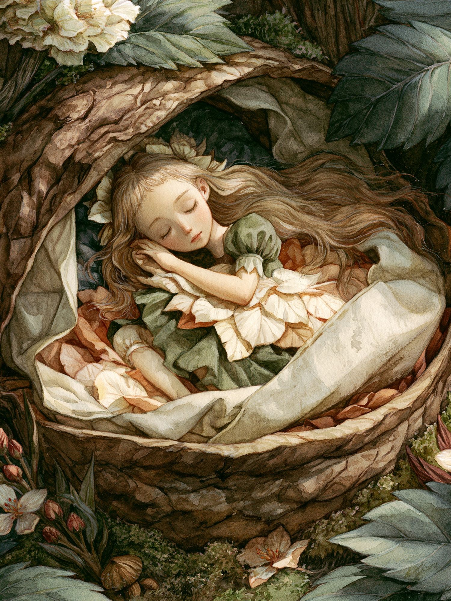 Sleeping Forest Girl Watercolor Print. poster detail