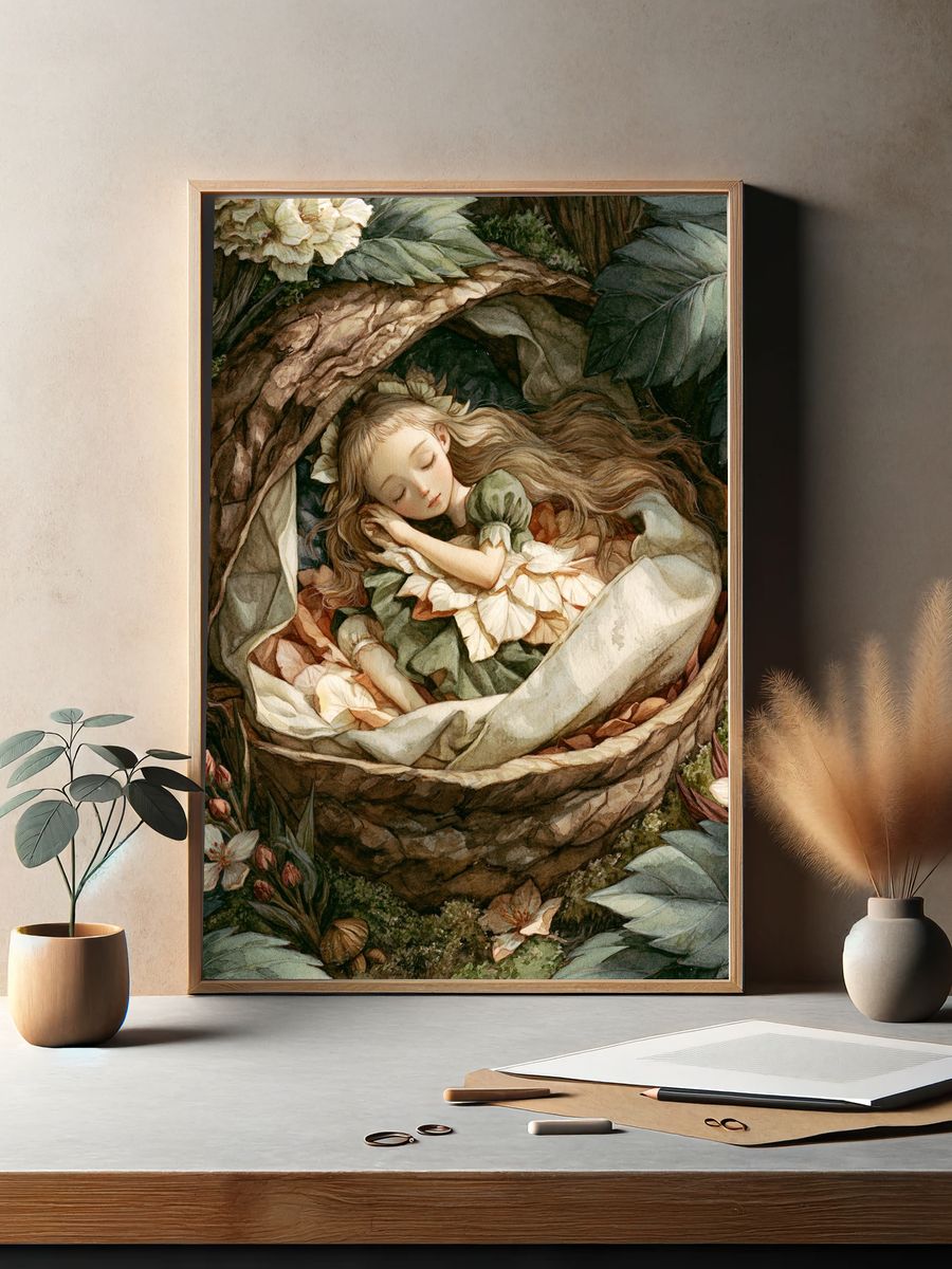 Sleeping Forest Girl Watercolor Print. — room view 2