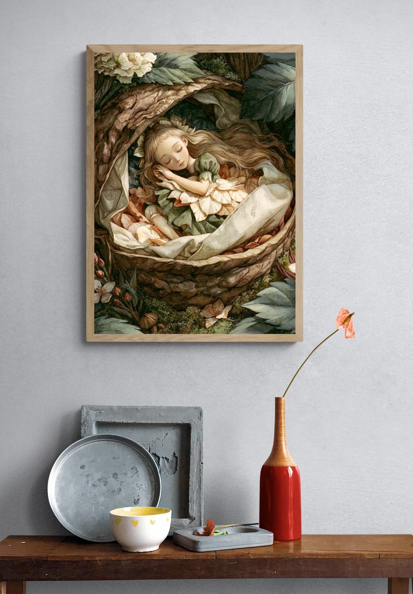 Sleeping Forest Girl Watercolor Print. — room view 3