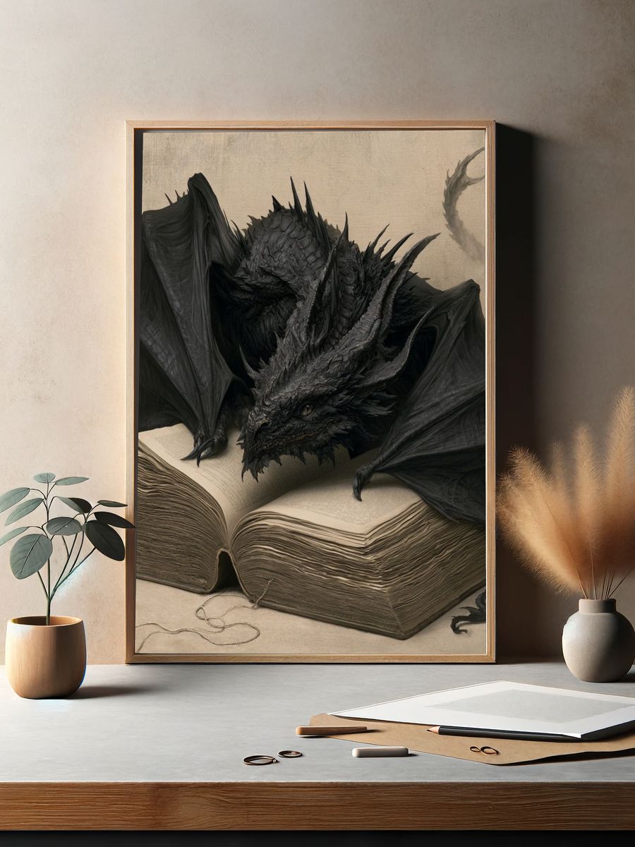 Dragon on Ancient Book Illustration Poster. — room view 2