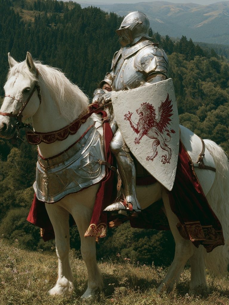Armored Knight on White Horse Print. poster — illustration art