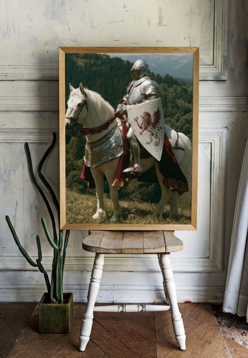 Armored Knight on White Horse Print. — room view 1