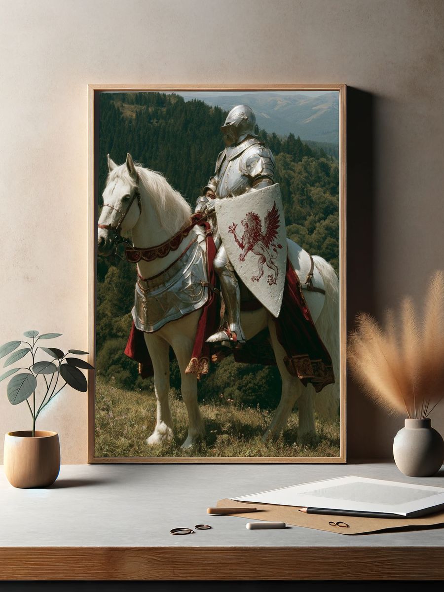 Armored Knight on White Horse Print. — room view 2