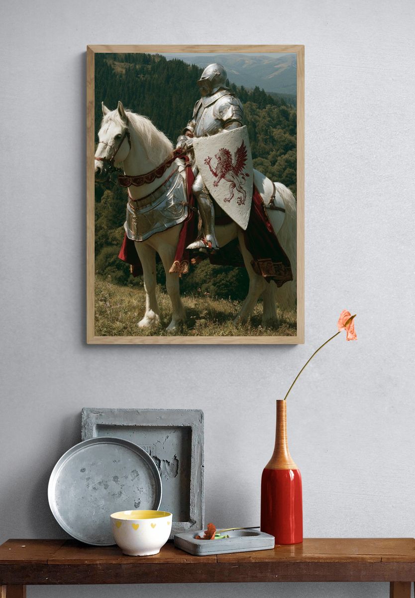 Armored Knight on White Horse Print. — room view 3