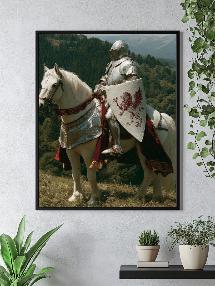 Armored Knight on White Horse Print. — room view 4