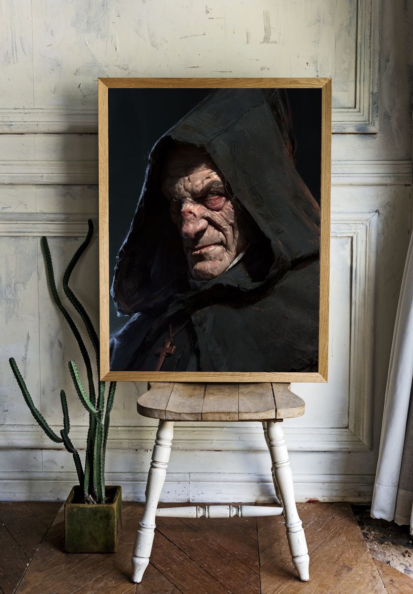 Dark Hooded Villain Portrait Print. room preview