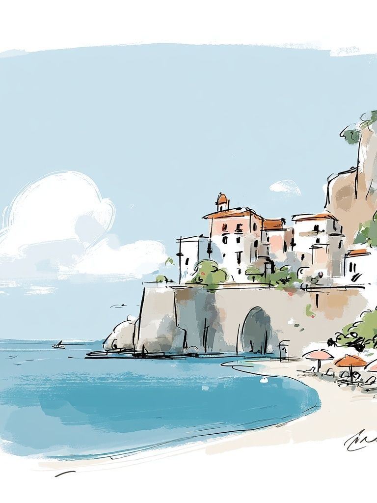 Coastal Village Watercolor Print. poster — illustration art
