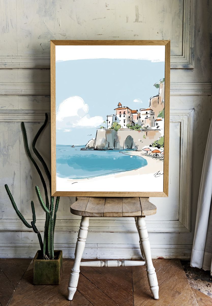 Coastal Village Watercolor Print. — room view 1