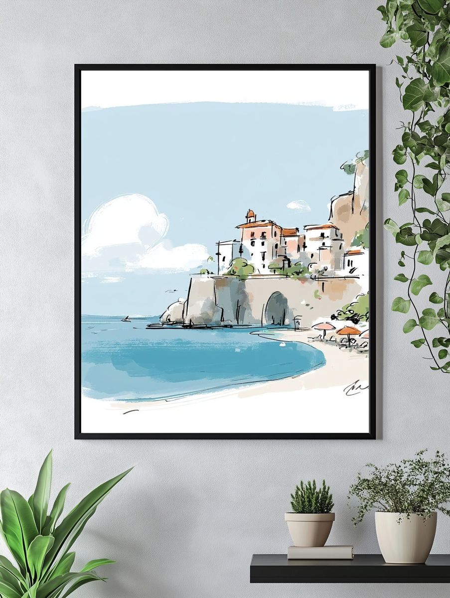 Coastal Village Watercolor Print. — room view 4