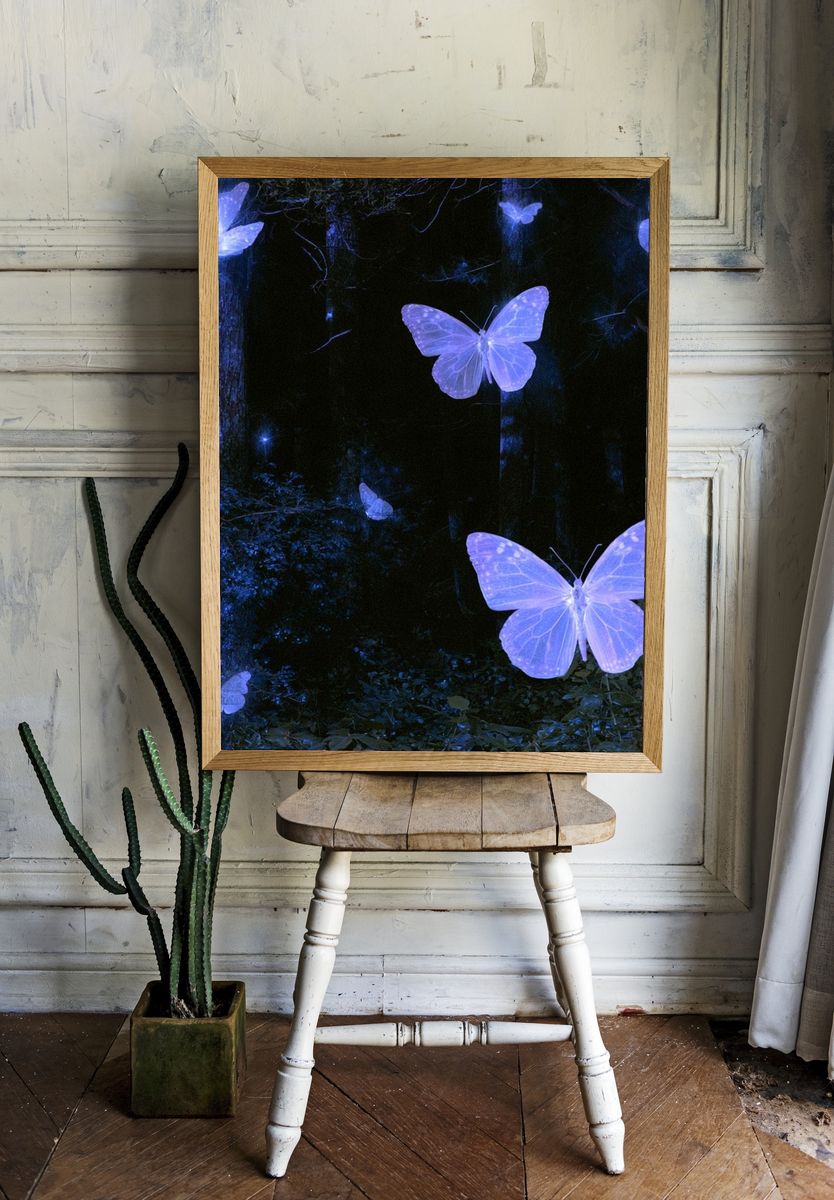 Glowing Butterflies in Forest Print. — room view 1