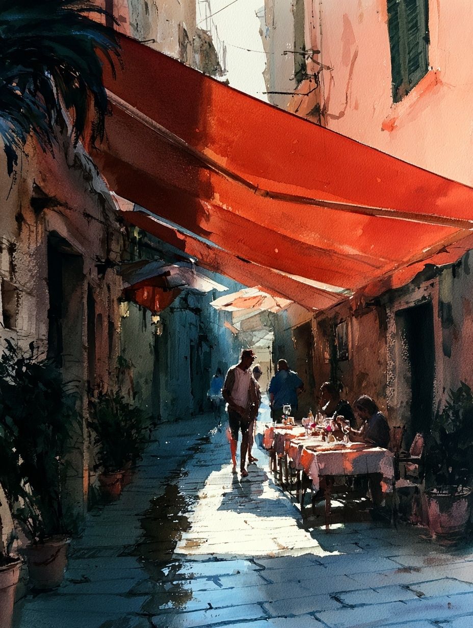 Sunlit Alley Cafe Watercolor Print. poster detail