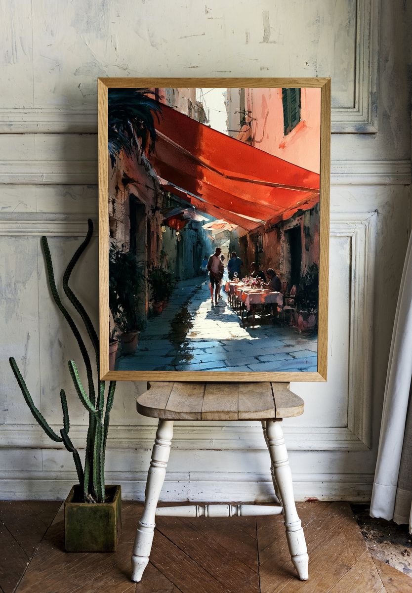 Sunlit Alley Cafe Watercolor Print. room preview