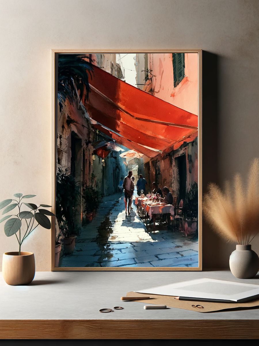 Sunlit Alley Cafe Watercolor Print. — room view 2