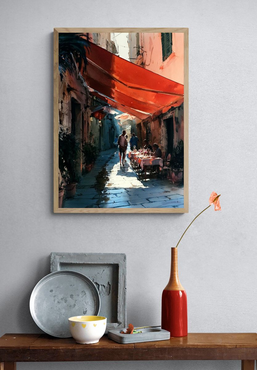 Sunlit Alley Cafe Watercolor Print. — room view 3