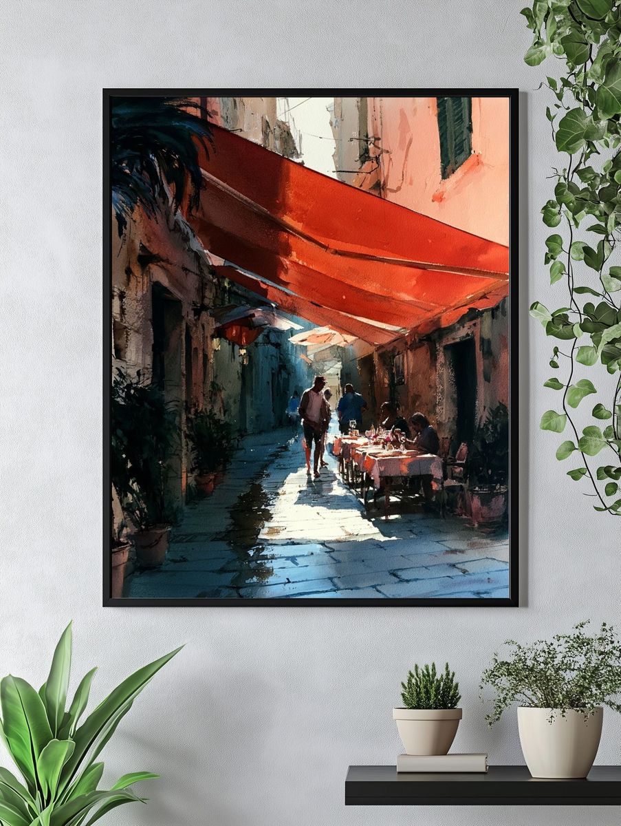 Sunlit Alley Cafe Watercolor Print. — room view 4