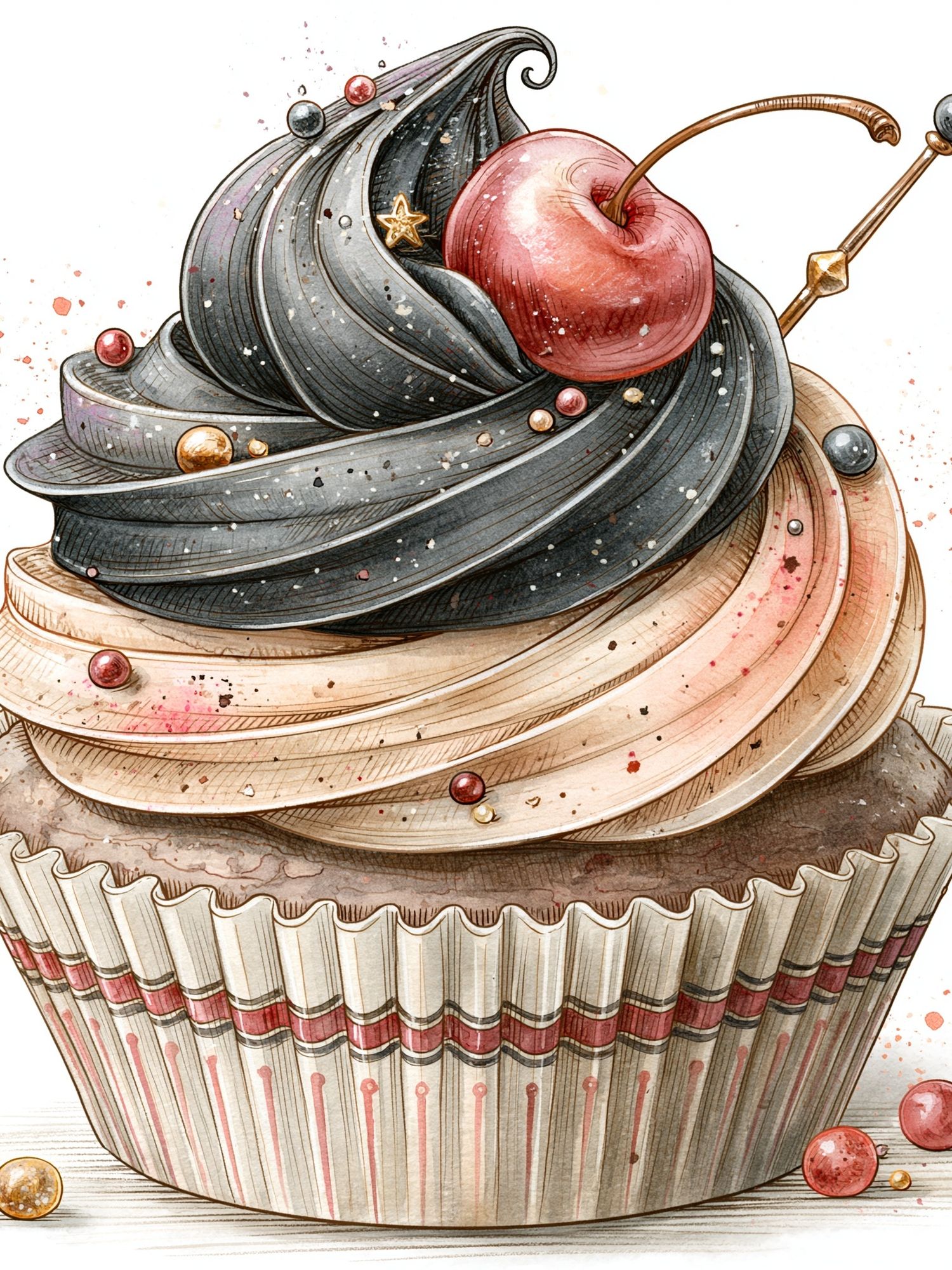 Cherry Cupcake Watercolor Print. poster — illustration art