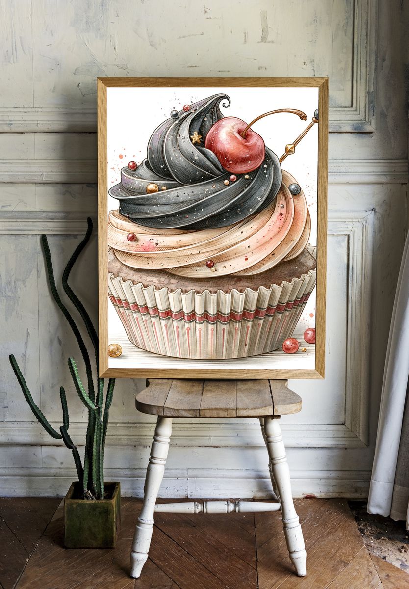 Cherry Cupcake Watercolor Print. — room view 1