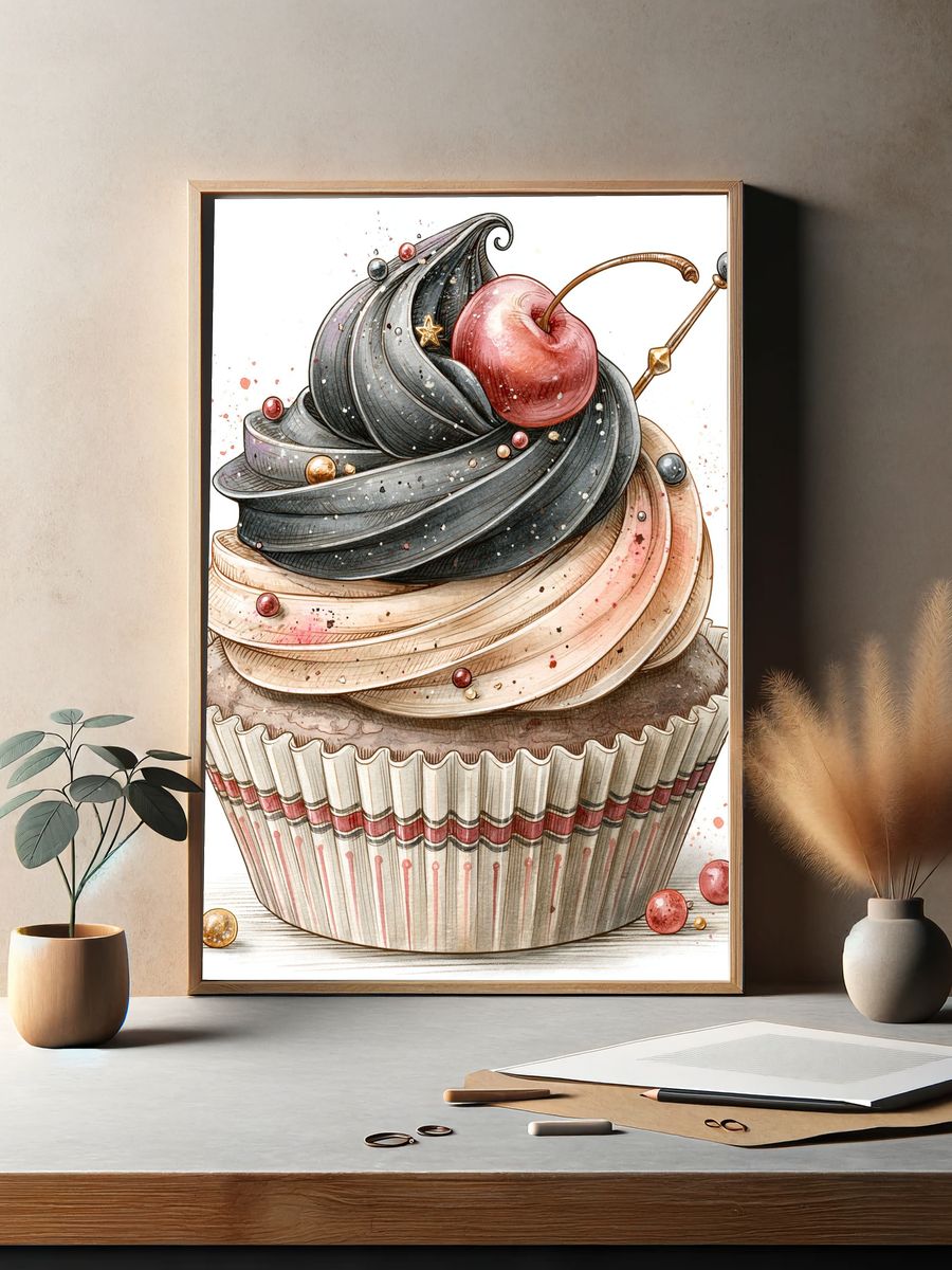 Cherry Cupcake Watercolor Print. — room view 2