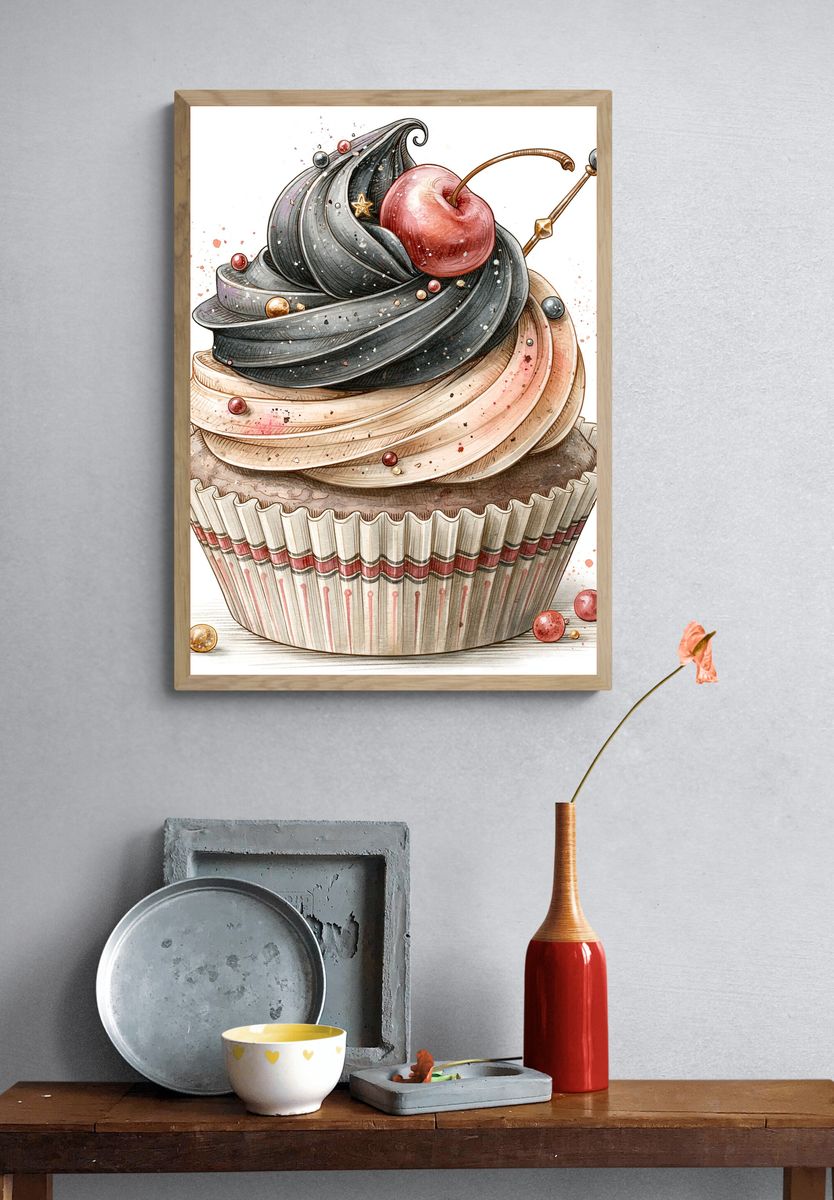 Cherry Cupcake Watercolor Print. — room view 3