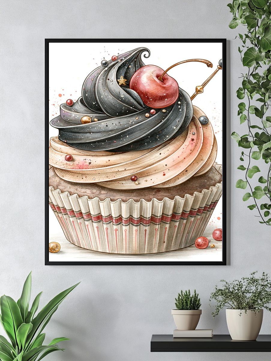 Cherry Cupcake Watercolor Print. — room view 4