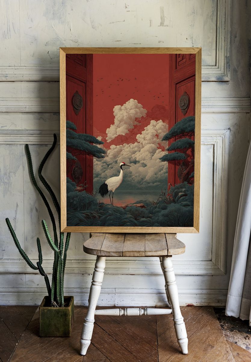 Crane at the Red Gate Illustration Poster. room preview