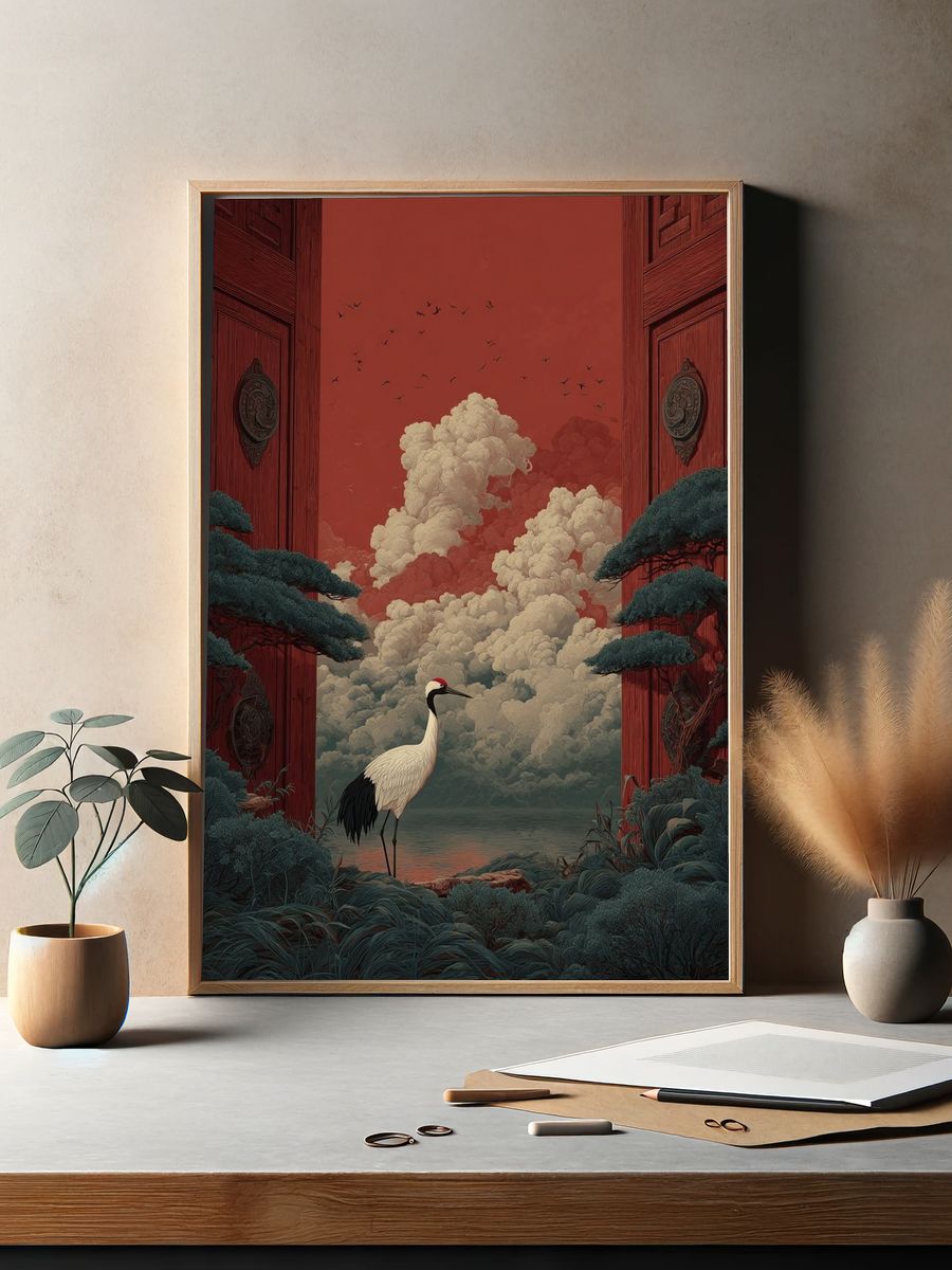 Crane at the Red Gate Illustration Poster. — room view 2