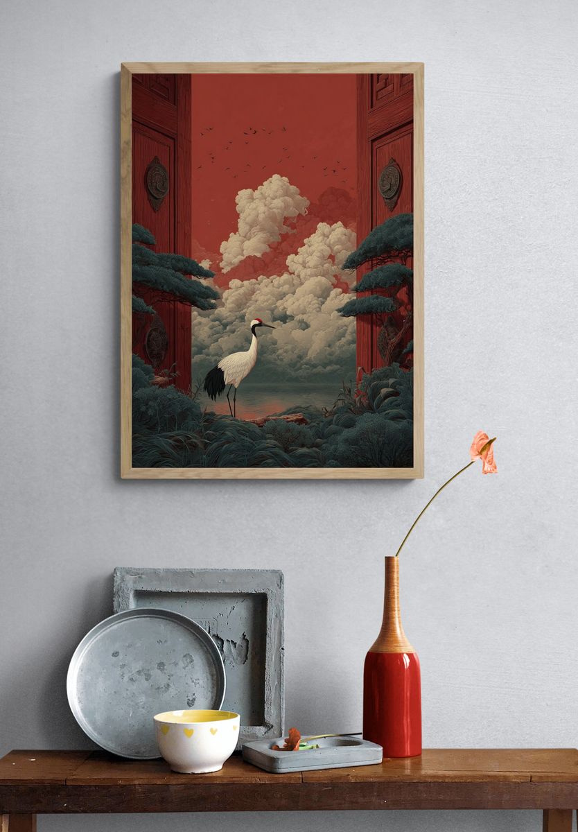 Crane at the Red Gate Illustration Poster. — room view 3