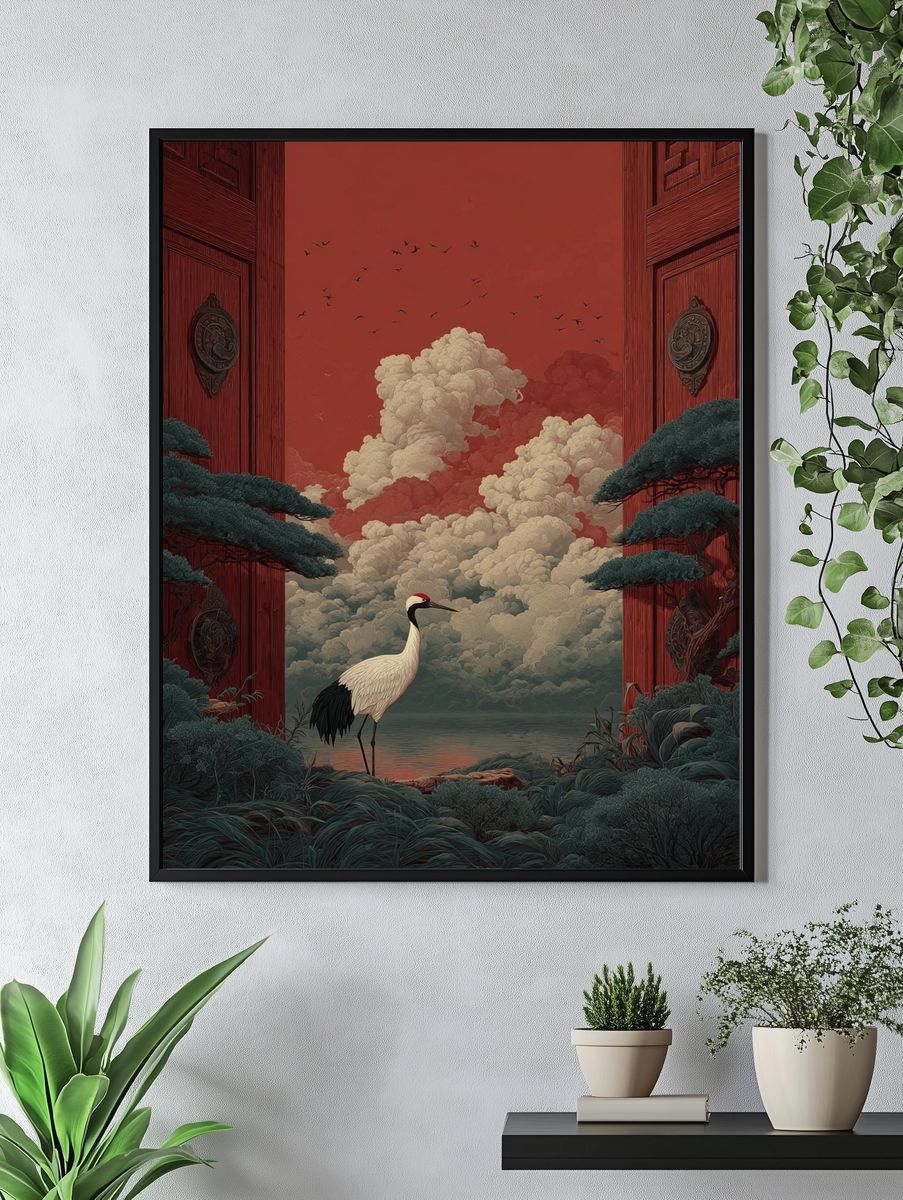 Crane at the Red Gate Illustration Poster. — room view 4
