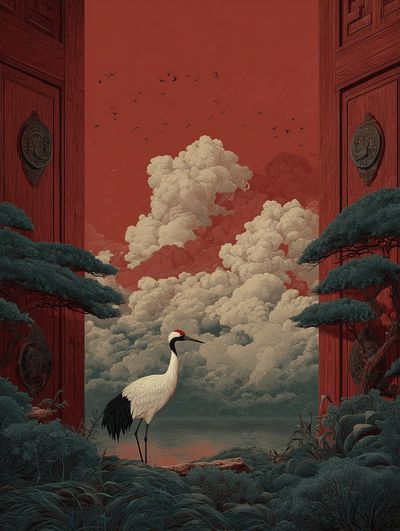Crane at the Red Gate Illustration Poster.