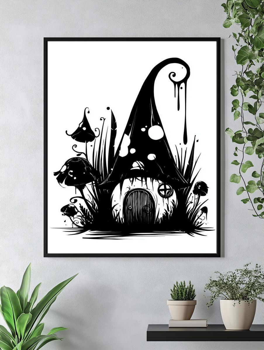 Whimsical Mushroom House Illustration Poster. — room view 4