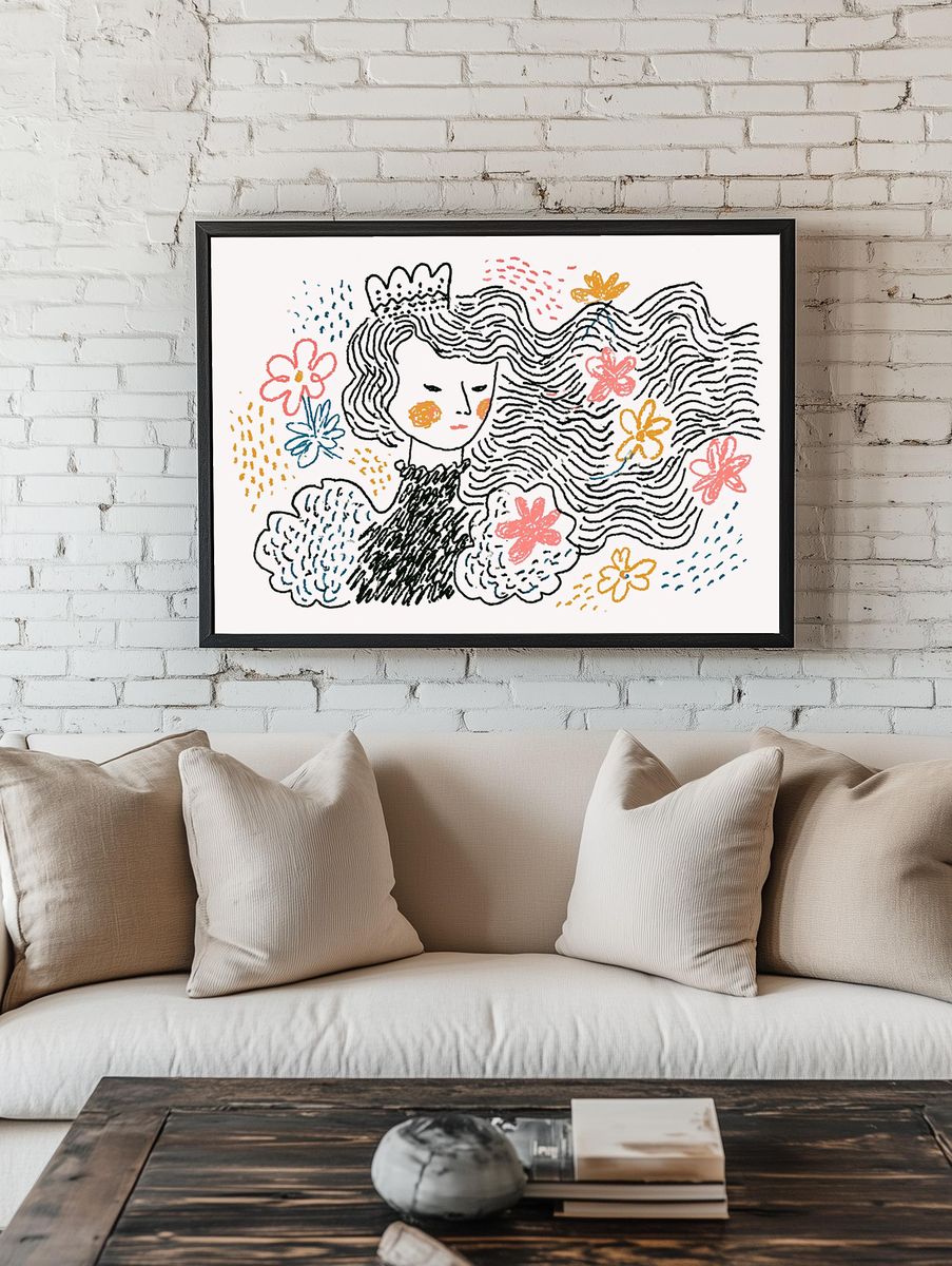 Whimsical Floral Portrait Illustration Poster. room preview