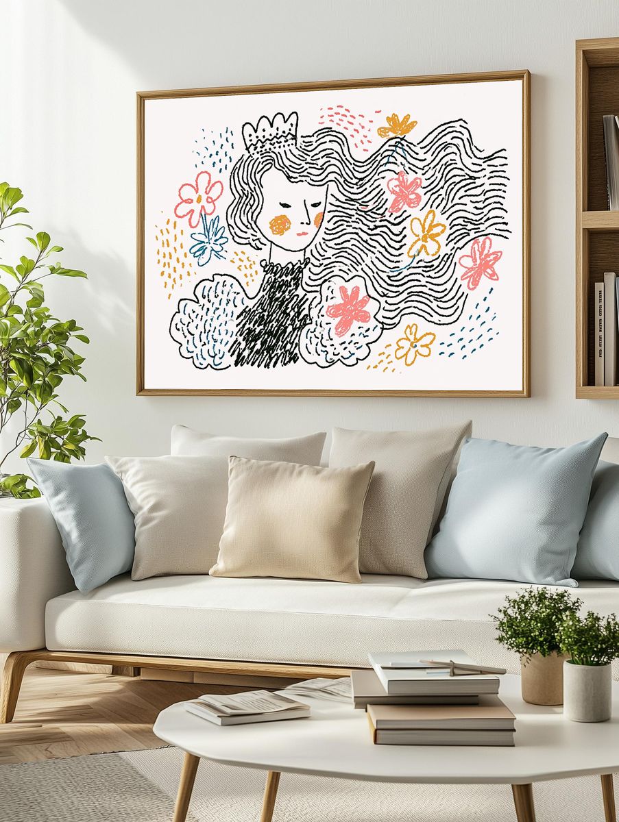 Whimsical Floral Portrait Illustration Poster. — room view 2
