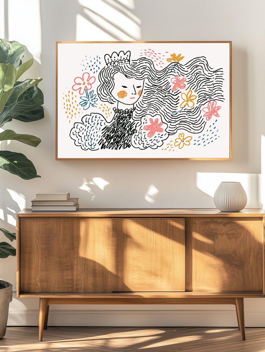 Whimsical Floral Portrait Illustration Poster. — room view 3