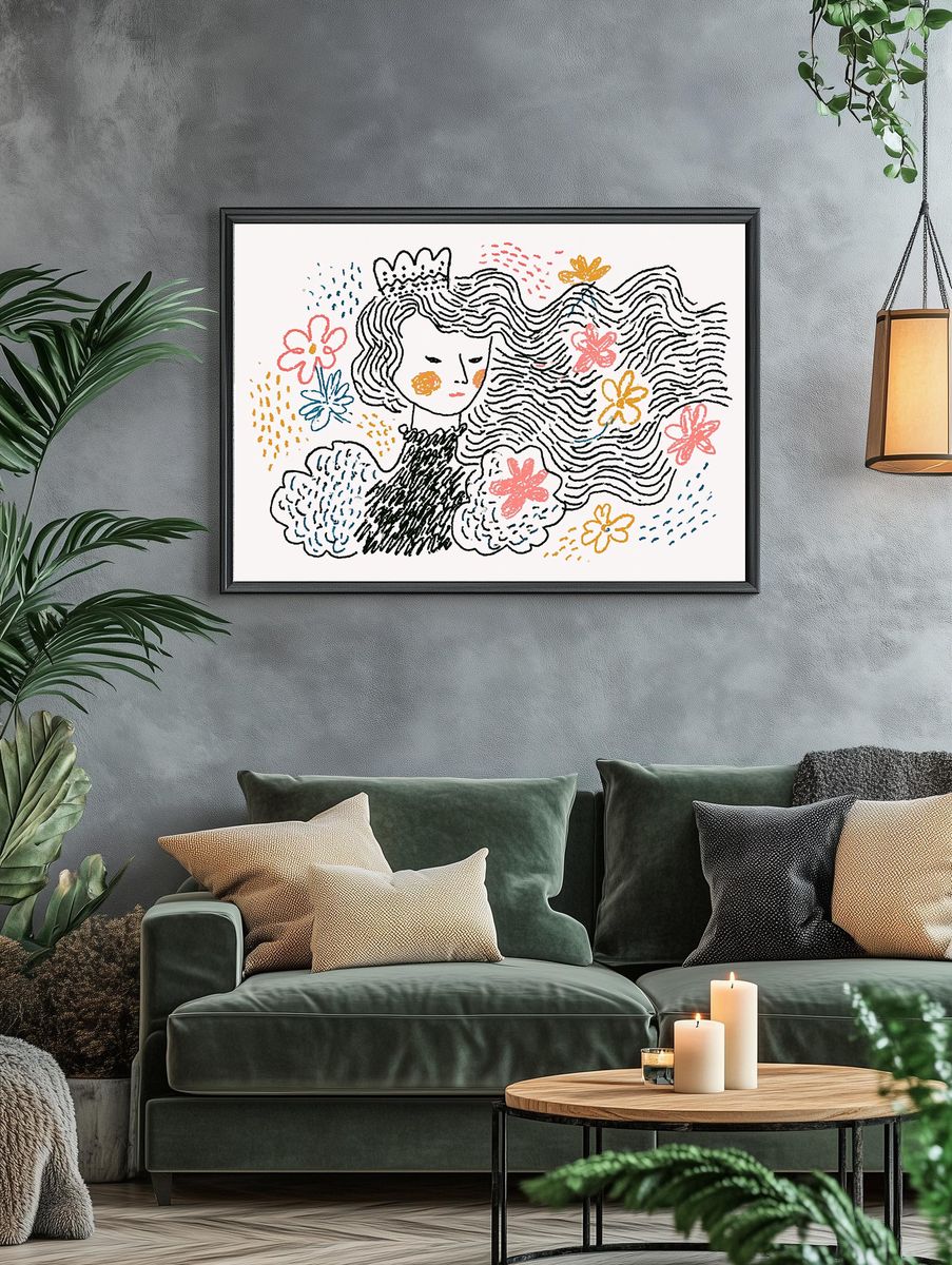 Whimsical Floral Portrait Illustration Poster. — room view 4