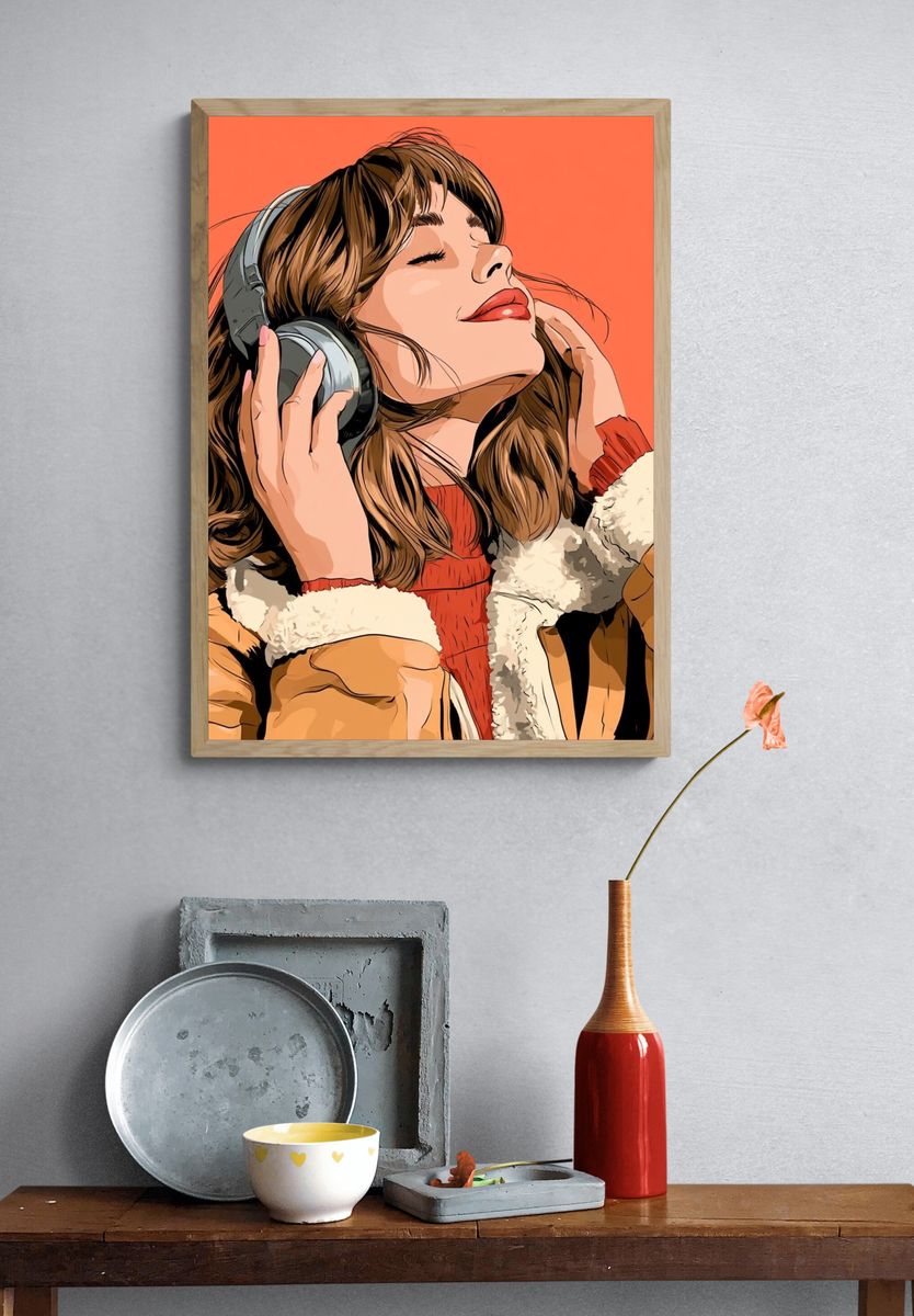 Headphones Portrait Illustration Poster. — room view 3
