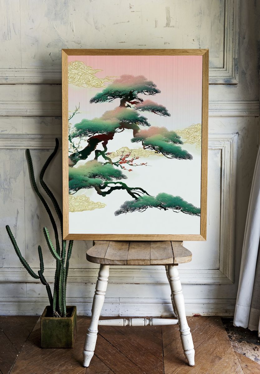 Zen Pine Clouds Illustration Poster. room preview