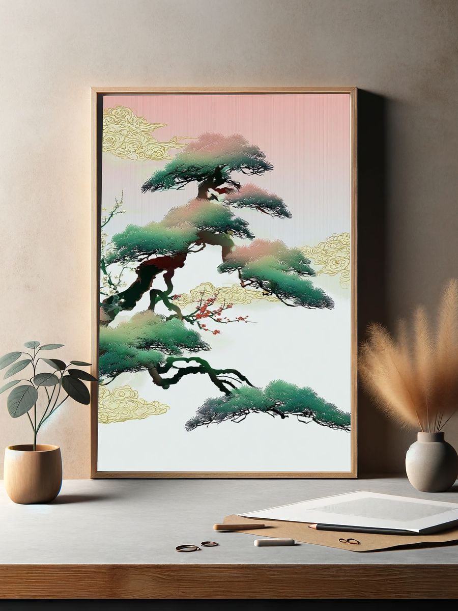 Zen Pine Clouds Illustration Poster. — room view 2