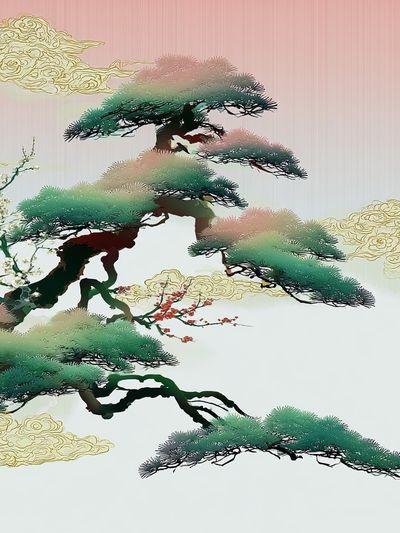 Zen Pine Clouds Illustration Poster. poster