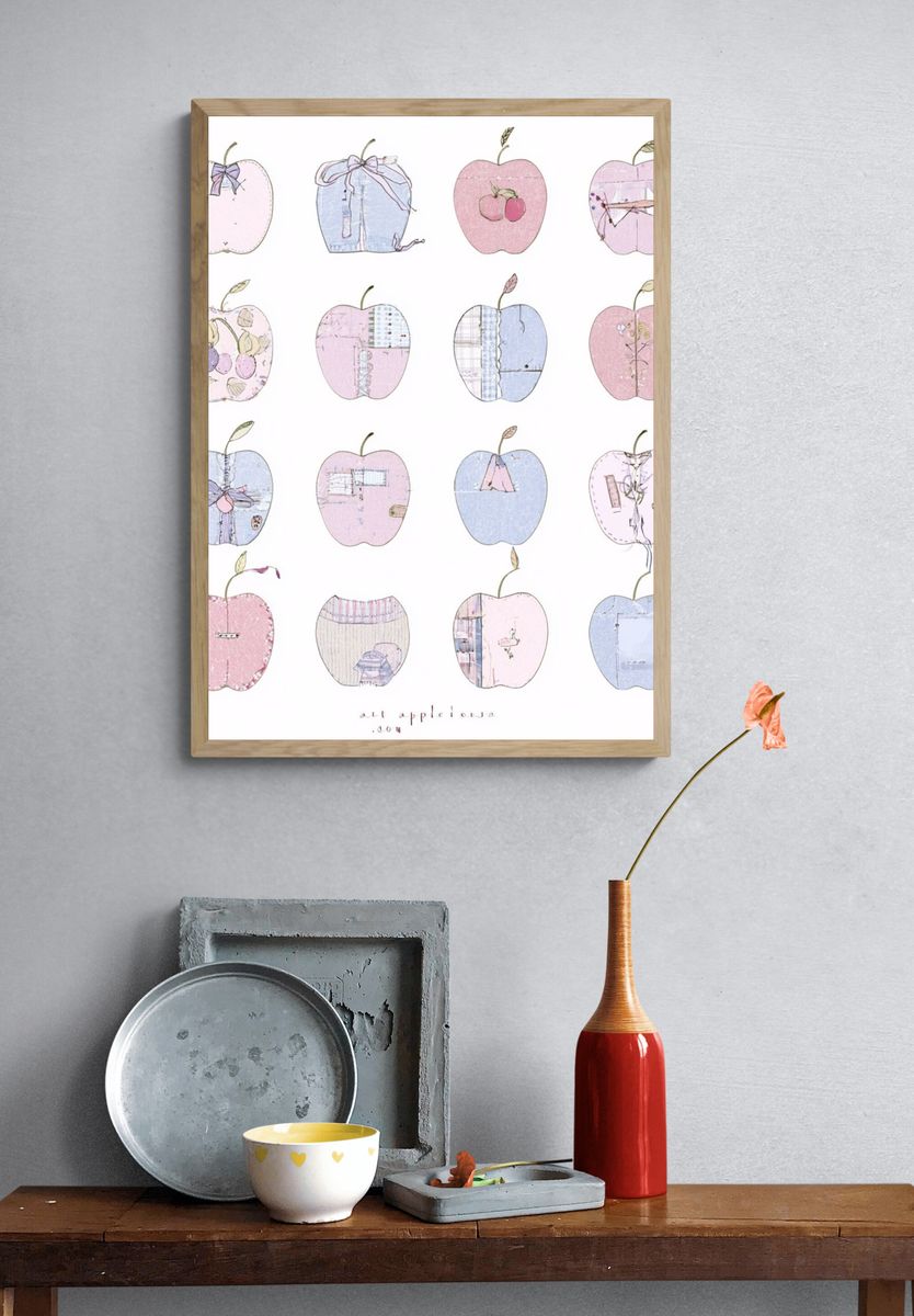 Pastel Apple Collage Illustration Poster. — room view 3