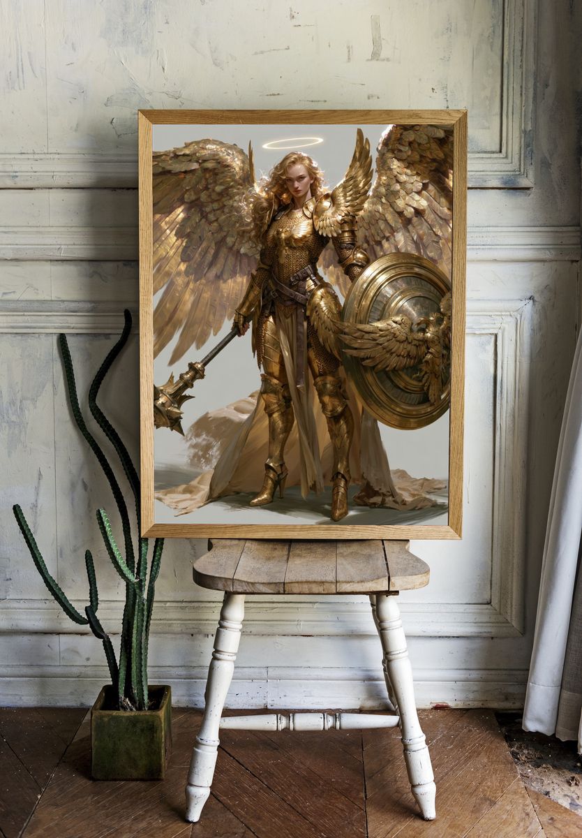 Golden Winged Warrior Fantasy Print. room preview