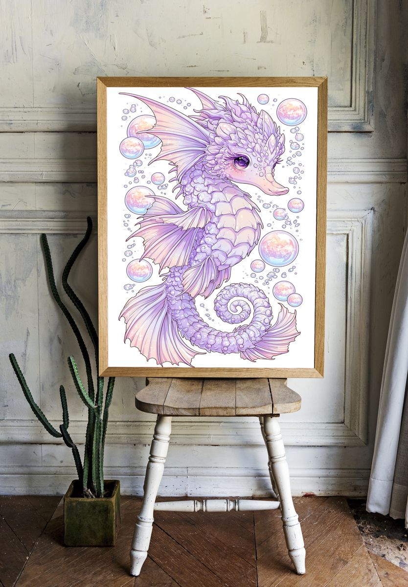 Pastel Seahorse Fantasy Illustration Poster. room preview